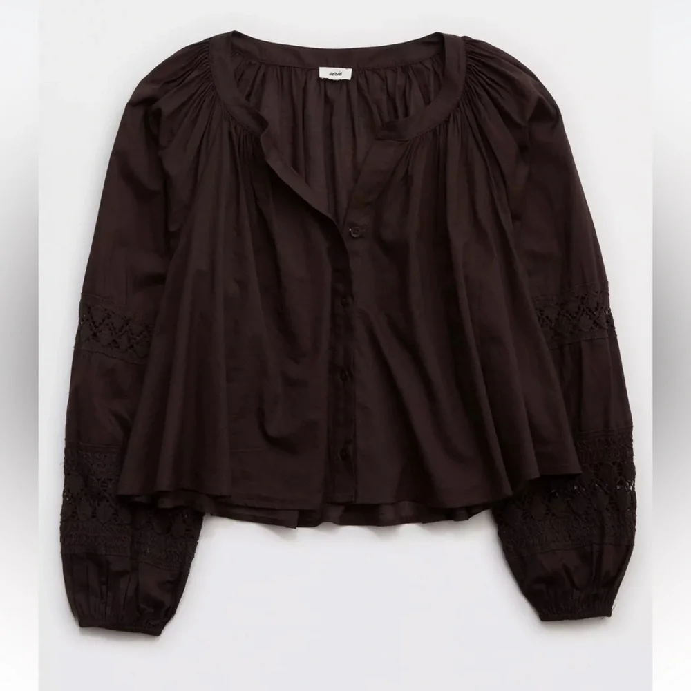 Aerie 100% Cotton Long Sleeve Crochet Button Down Shirt Size S - Picture 1 of 7
